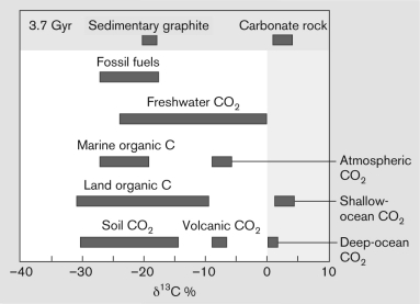 Analyze the figure below. If a d ¹³C isotope analysis was performed on an unknown geological sample of sedimentary graphite and determined a negative d ¹³C % value, would it be determined that life had existed in that sample or not, and why?   