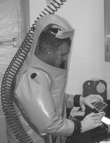 In the figure shown below, we see someone wearing a specific biosafety suit. This suit would NOT be required for studying a(n)    A)  outbreak of a lethal disease with no known etiological agent. B)  Ebola outbreak. C)  anthrax outbreak. D)  biosafety level 4 agent. E)  lethal disease with no known treatment or vaccine.