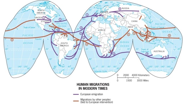Look at the map (figure 3.10).Choose three numbered migrations and describe the migrations by type,by who was involved,and the period and consequences of the migration.   