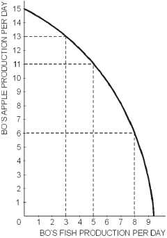   -Which of the following statements is the most appropriate? A)  The opportunity cost in terms of apples decreases as more and more fish are produced. B)  Bo prefers apples to fish. C)  Bo prefers fish to apples. D)  The existing resources are less and less suitable to fish production as more fish are produced. E)  Bo will produce relatively more apples than fish.