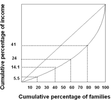 According to the Lorenz curve shown,the middle quintile of families earns   A)  14.1% of the income. B)  24% of the income. C)  9.9% of the income. D)  38.1% of the income. E)  50.0% of the income.