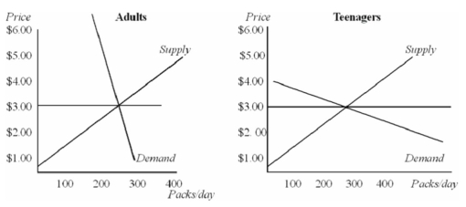 Suppose that you have estimated that demand for cigarettes among adults is different from the demand for cigarettes among teenagers.The demand curves that you have estimated are shown below:   Suppose the current price for a pack of cigarettes is $3.00.A $1.00 per pack tax on cigarettes has been proposed. The proposed tax will raise revenue A) to a greater extent from adults than from teenagers. B) to a greater extent from teenagers than from adults. C) equally from teenagers and from adults. D) only if demand is much more inelastic than you have estimated.