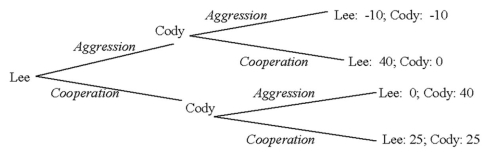 Lee and Cody are competitors.Each is considering whether to take aggressive action against the other or to cooperate.Cody can observe Lee's decision.Their decision tree can be diagrammed as follows:   Refer to the figure above.Suppose Cody tells Lee that any aggression on Lee's part will be met with aggression,but that if Lee cooperates,Cody will respond cooperatively.Cody's statement is: A) a commitment device. B) a non-credible threat and promise. C) a description of the two equilibria for this game. D) a credible threat and promise.