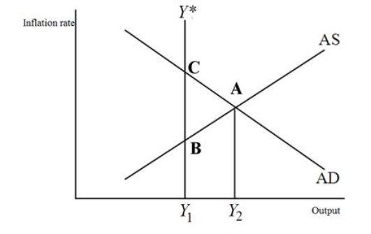 Refer to the figure below.The current level of GDP in this economy is ______; the potential level of GDP is ______.   A) Y<sub>1</sub>; Y<sub>1</sub> B) Y<sub>2</sub>; Y<sub>2</sub> C) Y<sub>1</sub>; Y<sub>2</sub> D) Y<sub>2</sub>; Y<sub>1</sub>