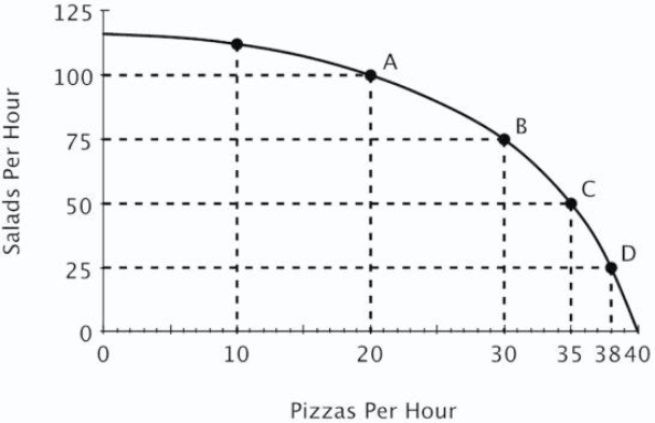 Refer to the figure below.Relative to point B, at point C this restaurant is:   A) making more pizzas and more salads. B) making more pizzas and fewer salads. C) making fewer pizzas and more salads. D) operating more efficiently.