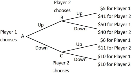 Player 1 and Player 2 are playing a game in which Player 1 has the first move at A in the decision tree shown below. Once Player 1 has chosen either Up or Down, Player 2, who can see what Player 1 has chosen, must choose Up or Down at B or C. Both players know the payoffs at the end of each branch.   What is the equilibrium outcome of this game? A) Player 1 and Player 2 both choose Up. B) Player 1 and Player 2 both choose Down. C) Player 1 chooses Up and Player 2 chooses Down. D) Player 1 chooses Down and Player 2 chooses Up.