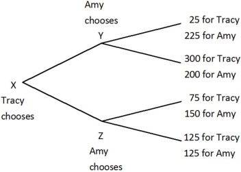 Tracy and Amy are playing a game in which Tracy has the first move at X in the decision tree shown below. Once Tracy has chosen either the top or bottom branch at X, Amy, who can see what Tracy has chosen, must choose the top or bottom branch at Y or Z. Both players know the payoffs at the end of each branch.   In the equilibrium this game, Tracy chooses the ______ branch, and then Amy chooses the ______ branch. A) top; top B) top; bottom C) bottom; top D) bottom; bottom