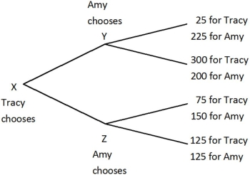 Tracy and Amy are playing a game in which Tracy has the first move at X in the decision tree shown below. Once Tracy has chosen either the top or bottom branch at X, Amy, who can see what Tracy has chosen, must choose the top or bottom branch at Y or Z. Both players know the payoffs at the end of each branch.   In the equilibrium of this game: A) Tracy and Amy both get 125. B) Tracy gets 75 and Amy gets 150. C) Tracy gets 300 and Amy gets 200. D) Tracy gets 25 and Amy gets 225.