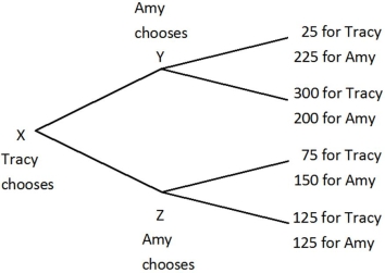 Tracy and Amy are playing a game in which Tracy has the first move at X in the decision tree shown below. Once Tracy has chosen either the top or bottom branch at X, Amy, who can see what Tracy has chosen, must choose the top or bottom branch at Y or Z. Both players know the payoffs at the end of each branch.   If before Tracy chose, Amy could make a credible commitment to choose either the top or bottom branch when her turn came, then we would expect Tracy to get a payoff of ______ and Amy to get a payoff of ______. A) 25; 225 B) 300; 200 C) 75; 150 D) 125; 125