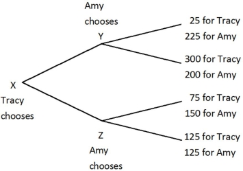 Tracy and Amy are playing a game in which Tracy has the first move at X in the decision tree shown below. Once Tracy has chosen either the top or bottom branch at X, Amy, who can see what Tracy has chosen, must choose the top or bottom branch at Y or Z. Both players know the payoffs at the end of each branch.   The equilibrium to the game results in ______ for Amy and Tracy relative to what they could get if they could solve their ______. A) lower payoffs; prisoner's dilemma B) higher payoffs; commitment problem C) lower payoffs; credible threat D) lower payoffs; commitment problem