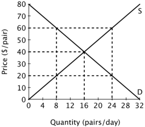 The figure below shows the supply and demand curves for jeans in Smallville.   At a price of $60 per pair, there will be an excess ______ of ______ pairs of jeans per day. A) supply; 24 B) supply; 16 C) demand; 16 D) demand; 8