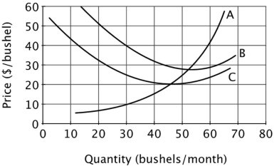 This graph shows the cost curves for Moe's mushroom gathering business, which is perfectly competitive.   Moe's short run supply curve is: A)  Curve C to the right of curve A. B)  Curve B to the right of curve A. C)  Curve A above curve B. D)  Curve A above curve C.