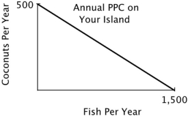 You are the Minister of Trade for a small island country with the following annual PPC:   You are negotiating a trade agreement with a neighboring island with the following annual PPC:   What's the minimum number of fish you would be willing to accept in exchange for a coconut? A) 5 B) 4 C) 3 D) 2