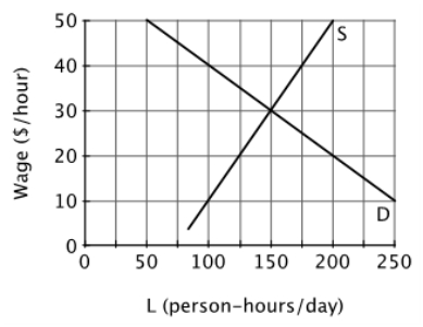 Assume that this graph illustrates a perfectly competitive labor market.   Equilibrium in this labor market is at a wage of ______ per hour and an employment level of ______ person-hours per day. A) $30; 100 B) $30; 150 C) $20; 200 D) $20; 125