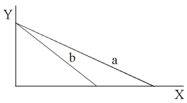 Which is true of the two budget lines drawn below?   A) Line a has a higher nominal income than line b B) Line b and line a have the same nominal income C) The absolute price of good Y is greater with budget line a than with budget line b D) The price of good X is larger with budget line a