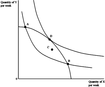 The diagram below shows the general equilibrium model for a small economy. For this economy, the economically efficient allocation of resources occurs at point    A)  A. B)  B. C)  C. D)  D.