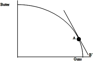 The diagram below shows the production possibilities frontier (PPF) for a country that produces guns (G) and butter (B). Most people in the country prefer guns, so in the absence of international trade, point A represents the combination of G and B that maximizes welfare. The slope of the PPF at point A is equal to -2.   Over the long run, do you think this country would be better off by shifting its production towards guns or butter? Please identify the most efficient production point in the PPF with trade. What would be the ratio of the prices at that point?