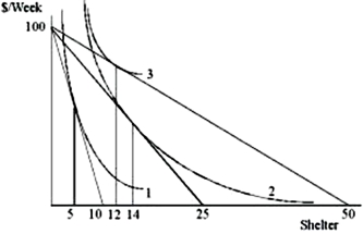 Which statement is definitely true about shelter in the above below?   A) It is a normal good throughout the range shown. B) It is an inferior good throughout the range shown. C) It has a positively sloped section in its demand curve. D) The income and substitution effects must be shown before any of these statements can be definitely true.