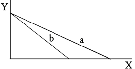 Which is true of the two budget lines drawn below?   A) Line a has a higher nominal income than line b. B) Line b and line a have the same nominal income. C) The absolute price of good Y is greater with budget line a than with budget line b. D) The price of good X is larger with budget line a.