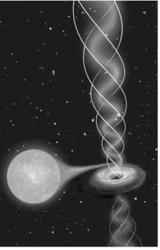 The figure below shows a relativistic jet of material escaping an astronomical object.The jet is represented by the twisted gray columns.What is represented by the twisted lines and orange disk? What is at the center of such a system?   
