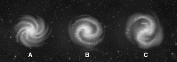 The figure below shows three spiral galaxies.Classify them as Sa,Sb,and Sc galaxies.There is one of each type of galaxy in the figure.   