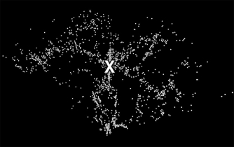 Each point in the image below represents a galaxy on the sky,with the Earth at the bottom point of the  pie piece  and distance away from that point representing distance from Earth.What is the prominent set of galaxies in a straight line away from the observer most likely to be?   A)  a filament B)  a galaxy cluster C)  a void D)  an active galactic nucleus