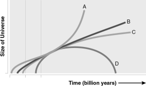 An alternate universe is filled with normal matter and dark matter,but not dark energy.If its density is twice the critical value,which curve on the figure below might represent its size?   A)  A B)  B C)  C D)  D