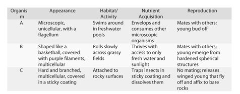    Figure 32.1 -As you are on the way to Tahiti for a vacation,your plane crash-lands on a previously undiscovered island.You soon find that the island is teeming with unfamiliar organisms and,as a student of biology,you decide to survey them (with the aid of the Insta-Lab Portable Laboratory you brought along in your suitcase) .You select three organisms and observe them in detail,making the notations found in Figure 32.1. Which organism would you classify as an animal? A) organism A B) organism B C) organism C