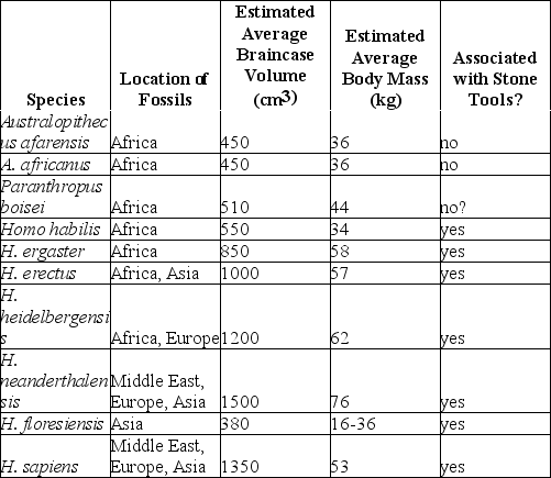   The table above is a comparison of several characteristics of H.floresiensis to those of nine other hominin species (arranged roughly from oldest to most recent) .What do these data suggest? A) A large brain is not necessarily required for toolmaking. B) Body mass and braincase volume are completely unrelated. C) The African environment tends to depress braincase volume and body mass. D) Hominins first evolved in and then radiated out from Asia. E) H) floresiensis is most closely related to Australopithecus afarensis or A.africanus.