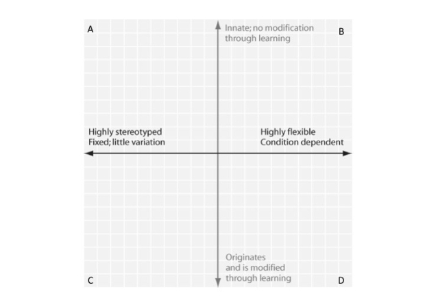 Figure 51.1   -In Figure 51.1,in which quadrant would the egg-rolling behavior of a goose be plotted? A) quadrant A B) quadrant B C) quadrant C D) quadrant D