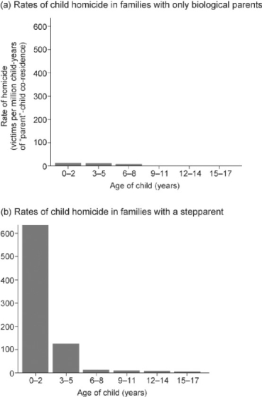 Figure 51.5   -In the figure above,which is the most logical conclusion from the data? A) Young children are more at risk when living with a stepparent. B) Older children are more at risk when living with a stepparent. C) Older children will not die of homicide when living with biological parents. D) All stepparents are unfit to raise nonbiological children.