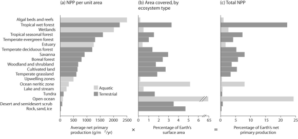 Figure 54.3   -In the figure above,how is net primary productivity represented? A) organized by biome B) organized by geography C) organized by region D) randomly organized