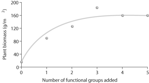 Figure 55.4   -Hypothesis: Productivity increases with species richness because certain species or functional groups facilitate the growth of other species by providing them with nutrients,partial shade,or other benefits.In looking at the data in Figure 55.4,how would you relate it to this hypothesis? A) The hypothesis is supported. B) The hypothesis is partially supported. C) The hypothesis is rejected. D) The hypothesis is proven. E) The data do not relate to the hypothesis given.