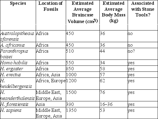   -The table above is a comparison of several characteristics of H.floresiensis to those of nine other hominin species (arranged roughly from oldest to most recent) .What do these data suggest? A) A large brain is not necessarily required for toolmaking. B) Body mass and braincase volume are completely unrelated. C) The African environment tends to depress braincase volume and body mass. D) Hominins first evolved in and then radiated out from Asia. E) H) floresiensis is most closely related to Australopithecus afarensis or A.africanus.