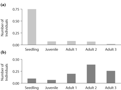 Figure 52.9   -Figure 52.9 shows the age structure of Common Primrose populations as they change over time.One of the populations is growing under high light conditions and the other under low light.Based on the graphs in Figure 52.9,which graph,(a) or (b) ,represents a population growing in high light availability? A) (a)  B) (b)  C) cannot tell with this information