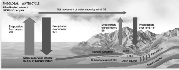   -  Consider the global water cycle depicted in the accompanying figure. Which one of the reserves contains the smallest percentage of global water? A)  oceans B)  rivers and lakes C)  polar ice caps D)  glaciers E)  atmosphere