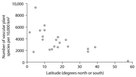   In the accompanying figure, what can be stated about species diversity and latitude? A)  As latitude increases, diversity decreases. B)  As latitude decreases, diversity decreases. C)  Species diversity is independent of latitude. D)  Species diversity and latitude cannot be compared using this figure.