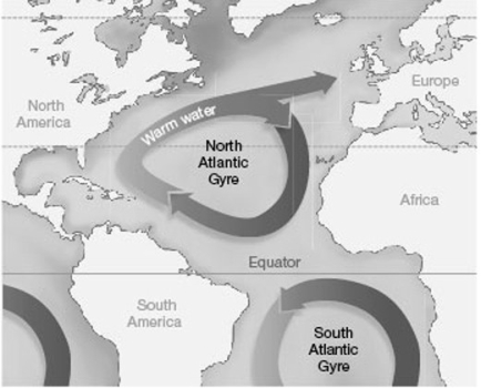   In the map above, which region would have milder weather than expected without the ocean currents? A)  Africa B)  North America C)  Antarctica D)  Europe E)  Newfoundland