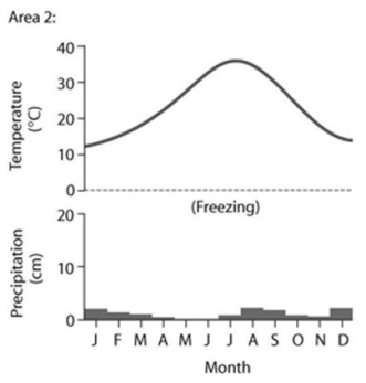     -Based on the data in the accompanying figure, which of the following statements are correct? I. Area 1 would be considered a desert because of its high average temperature. II. Area 1 has more average precipitation than Area 2. III. Area 2 would be considered a desert because of its low average precipitation. IV. Area 2 has a larger annual temperature variation. A)  only I and III B)  only II and IV C)  only I, II, and IV D)  only II, III, and IV E)  only I, II, and III 