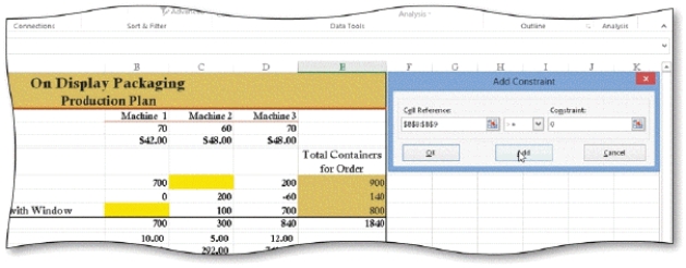   -As shown in the accompanying figure, Solver allows you to set a constraint that includes a cell reference followed by a(n)  ____. A)  value B)  operator C)  format D)  none of the above