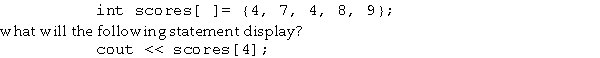 If the <sup>scores</sup><sup> </sup>array is defined like this:   A) 7 B) 8 C) 4 D) 9 E) the first four scores