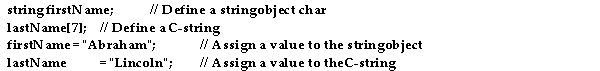 The following 4 lines of C++ code, use strings.   Which of the following statements is /are true? A) The C- string is assigned a value correctly, but the string object is not. B) The string object is defined incorrectly because no size is given for it. C) The string object is assigned a value correctly, but the C- string is not. D) The 2 string definitions are correct, but the 2 assignment statements are wrong. E) All 4 lines of code are correct.