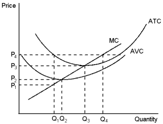 NARRBEGIN 14-2 Graph 14-2     This graph depicts the cost structure for a firm in a competitive market. Use the graph to answer the following question(s) . -Refer to Graph 14-2. When price rises from P<sub>2</sub> to P<sub>3</sub>, the firm finds that: A)  marginal revenue exceeds marginal cost at a production level of Q<sub>2</sub> B)  if it produces at output level Q<sub>3</sub>, it will earn zero profit C)  expanding output to Q<sub>4</sub> would leave the firm with losses D)  all of the above are true