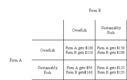 Table 16.6 Two firms share a common fishery. One strategy available to the firms is to fish sustainably. This maintains a healthy breeding population of fish, and keeps the price of fish relatively high. The other strategy is to overfish. This reduces the breeding population and fish prices tend to fall. The game is represented in the following table.    -Refer to Table 16-6. When this game reaches a Nash equilibrium, profits for firm A and firm B will be: A)  $100 and $110 respectively B)  $110 and $100 respectively C)  $125 and $135 respectively D)  $135 and $125 respectively