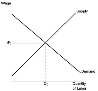 Graph 21-1    -Refer to Graph 21-1. According to the graph, if the government imposes a minimum wage below W<sub>o</sub>, it is likely to: A)  have no effect on employment B)  provide more income to the working poor than they collectively received before the minimum wage was set C)  reduce employment to a level below Q<sub>o</sub> D)  increase employment to a level above Q<sub>o</sub>
