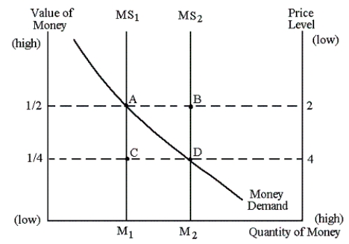Graph 30-1    -When the money supply curve in Graph 30-1 shifts from MS<sub>2</sub> to MS<sub>1</sub>: A)  the equilibrium price level increases B)  this may be due to the RBA selling government securities C)  this is due to the RBA buying government securities D)  the demand for goods and services increasing