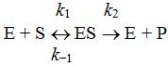 Which of the following is correct regarding the Michaelis-Menten constant,Km,for this kinetic mechanism?   A) K<sub>m</sub> is numerically equal to the substrate concentration required to achieve one half the maximum velocity. B) Its defined as K<sub>m</sub> = k<sub>1</sub>/(k<sub>-1</sub> + k<sub>2</sub>) . C) K<sub>m</sub> is approximately equal to the dissociation constant for the enzyme-substrate complex to E + P. D) The numeric value of Km has the units of mole<sup>-1</sup>.