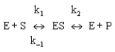 Which statement is correct about the Michaelis-Menten constant, K<sub>m</sub>, for the kinetic mechanism below?   A)  It is numerically equal to the substrate concentration required to achieve one half the maximum velocity. B)  Its defined as K<sub>m</sub> = k<sub>1</sub>/(k−<sub>1</sub> + k<sub>2</sub>) . C)  It is approximately equal to the dissociation constant for the enzyme-substrate complex to E + P. D)  The value of K<sub>m</sub> is constant for an enzyme regardless of the specific substrate molecule used to determine it. E)  Its numeric value has the units of moles−<sup>1</sup>. 