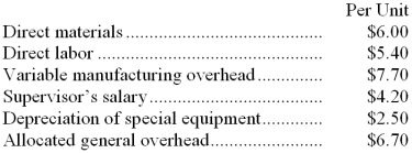 Crick Corporation makes 11,000 units of part W28 each year. This part is used in one of the company's products. The company's Accounting Department reports the following costs of producing the part at this level of activity:   An outside supplier has offered to make and sell the part to the company for $25.50 each. If this offer is accepted, the supervisor's salary and all of the variable costs, including direct labor, can be avoided. The special equipment used to make the part was purchased many years ago and has no salvage value or other use. The allocated general overhead represents fixed costs of the entire company. If the outside supplier's offer were accepted, only $18,000 of these allocated general overhead costs would be avoided. In addition, the space used to produce part W28 would be used to make more of one of the company's other products, generating an additional segment margin of $12,000 per year for that product. What would be the impact on the company's overall net operating income of buying part W28 from the outside supplier? A)  Net operating income would decline by $65,000 per year. B)  Net operating income would increase by $5,800 per year. C)  Net operating income would decline by $89,000 per year. D)  Net operating income would increase by $12,000 per year. 