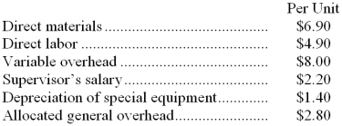 Kleffman Corporation is presently making part X31 that is used in one of its products. A total of 2,000 units of this part are produced and used every year. The company's Accounting Department reports the following costs of producing the part at this level of activity:   An outside supplier has offered to produce and sell the part to the company for $23.40 each. If this offer is accepted, the supervisor's salary and all of the variable costs, including direct labor, can be avoided. The special equipment used to make the part was purchased many years ago and has no salvage value or other use. The allocated general overhead represents fixed costs of the entire company. If the outside supplier's offer were accepted, only $1,000 of these allocated general overhead costs would be avoided. -If management decides to buy part X31 from the outside supplier rather than to continue making the part, what would be the annual impact on the company's overall net operating income? A)  Net operating income would decline by $5,600 per year. B)  Net operating income would decline by $1,800 per year. C)  Net operating income would decline by $4,600 per year. D)  Net operating income would decline by $6,600 per year. 